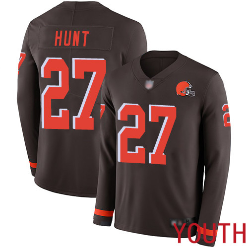 Cleveland Browns Kareem Hunt Youth Brown Limited Jersey #27 NFL Football Therma Long Sleeve->youth nfl jersey->Youth Jersey
